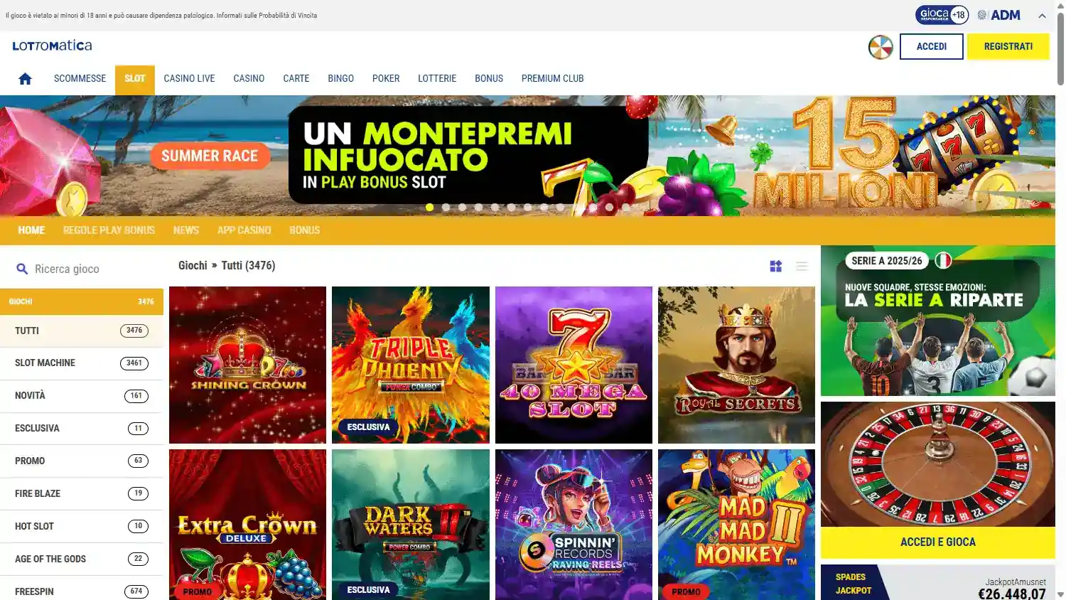 Interfaz oficial de Lottomatica Casino