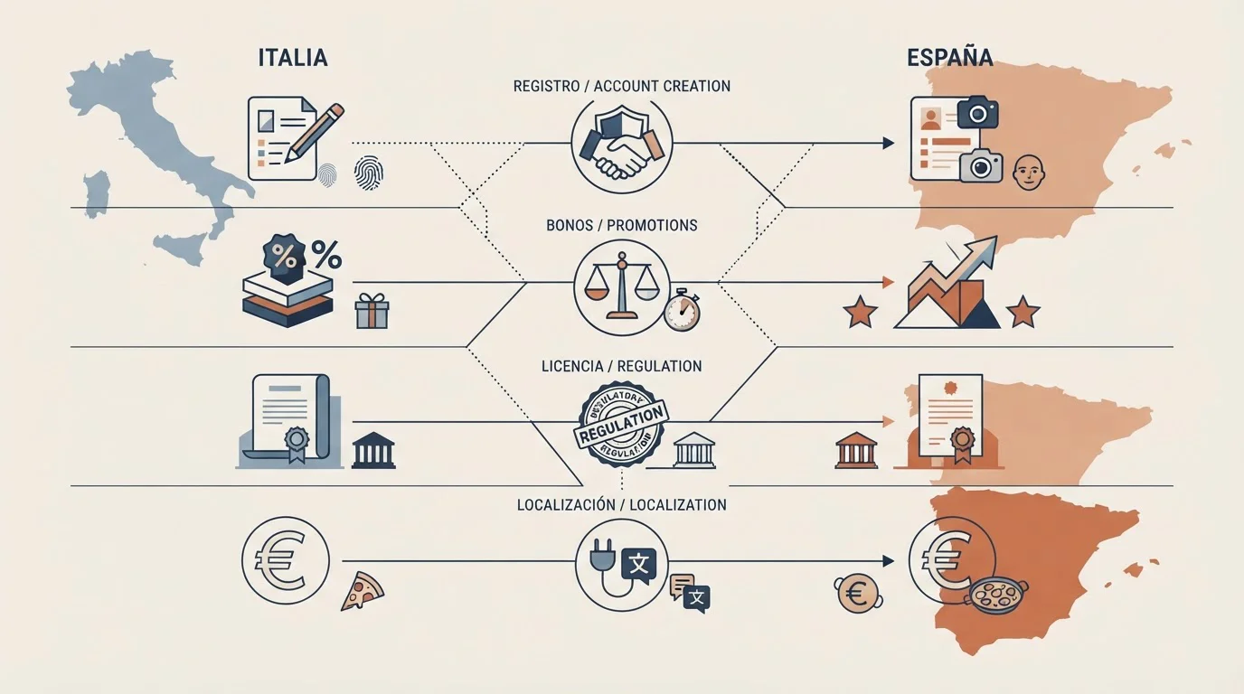 Ilustración editorial que compara registro, bonos, licencia y localización entre el mercado de origen y España